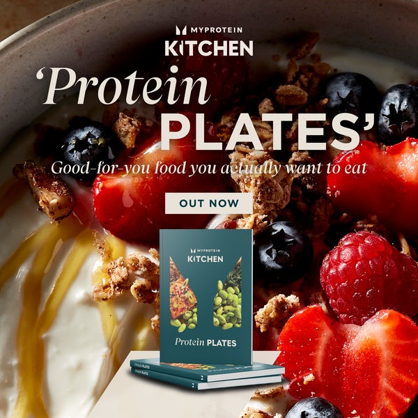 The new Myprotein Kitchen recipe book called 'Protein Plates' out now, with an image of the cook book and one of the recipes featured.