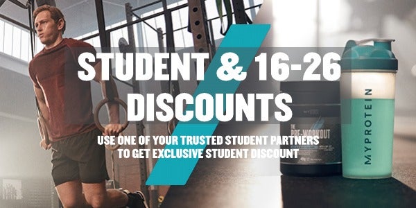Promotional offer from Myprotein offering student and 16-26 discounts through our partners Unidays and Student Beans.