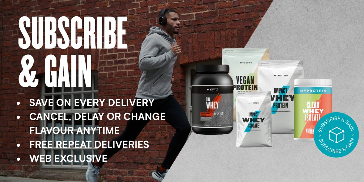 A range of protein products from Myprotein on offer to subscribe to for up to 10% off recurring orders.
