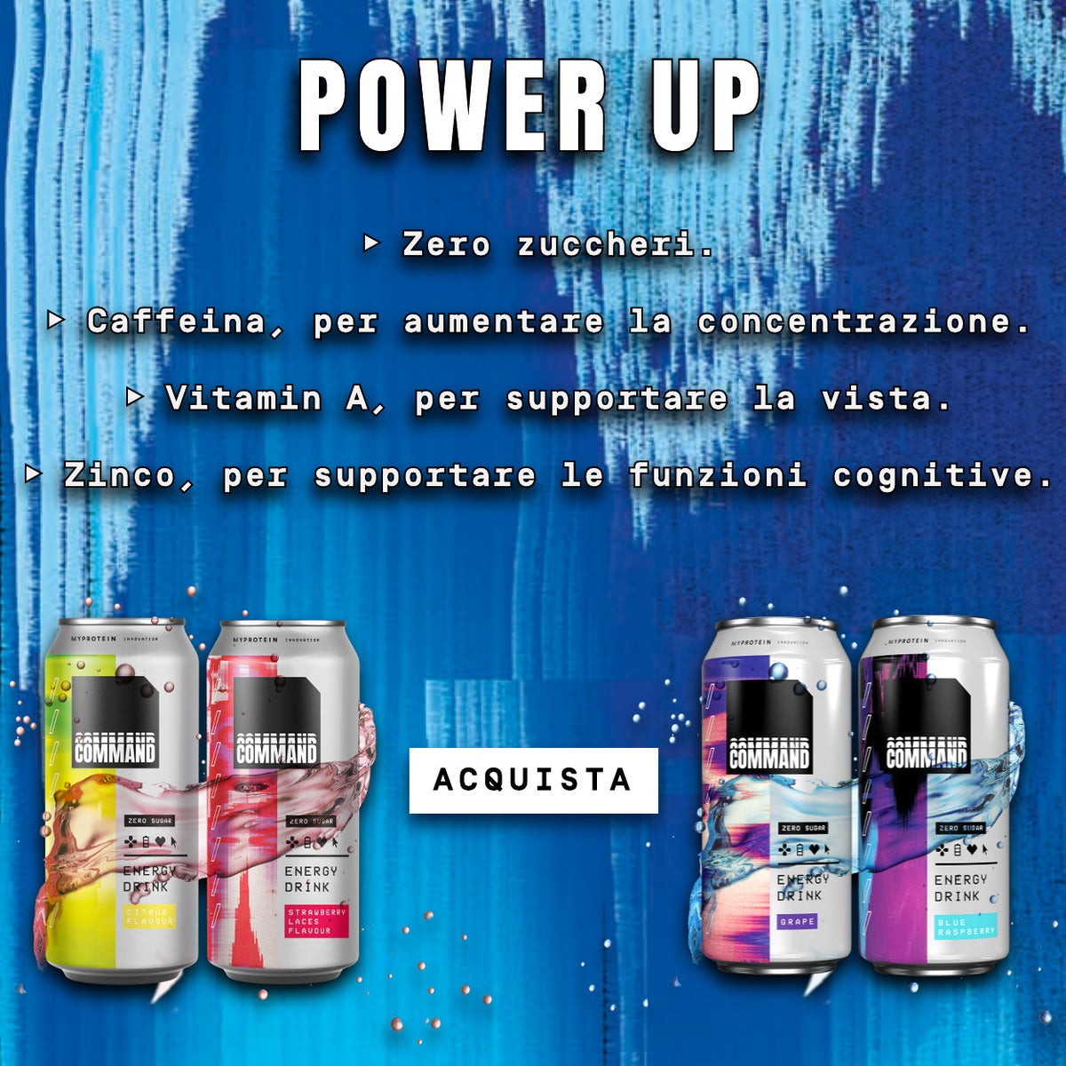 Power Up. Zero sugar & no calories. Caffeine, to boost focus. Vitamin A, to support vision. Zinc, to support cognitive function. Shop Now.