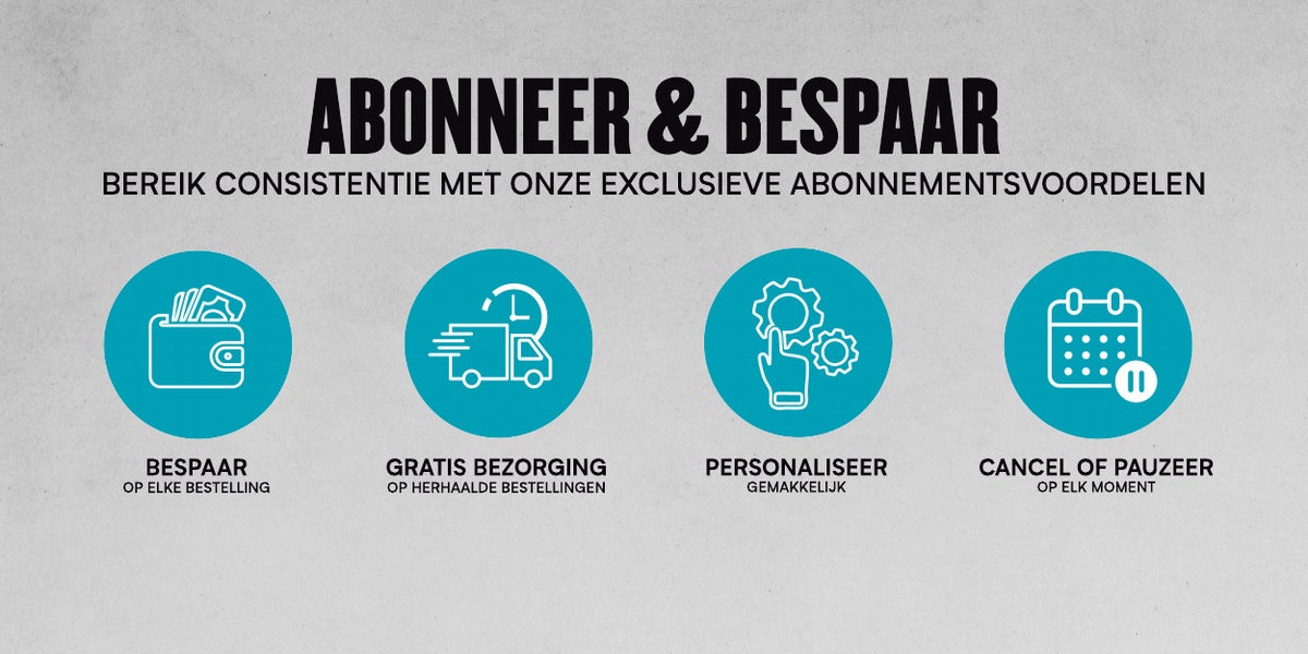 Afbeelding van die de 'abonneer en bespaar'-functie van Myprotein promoot.