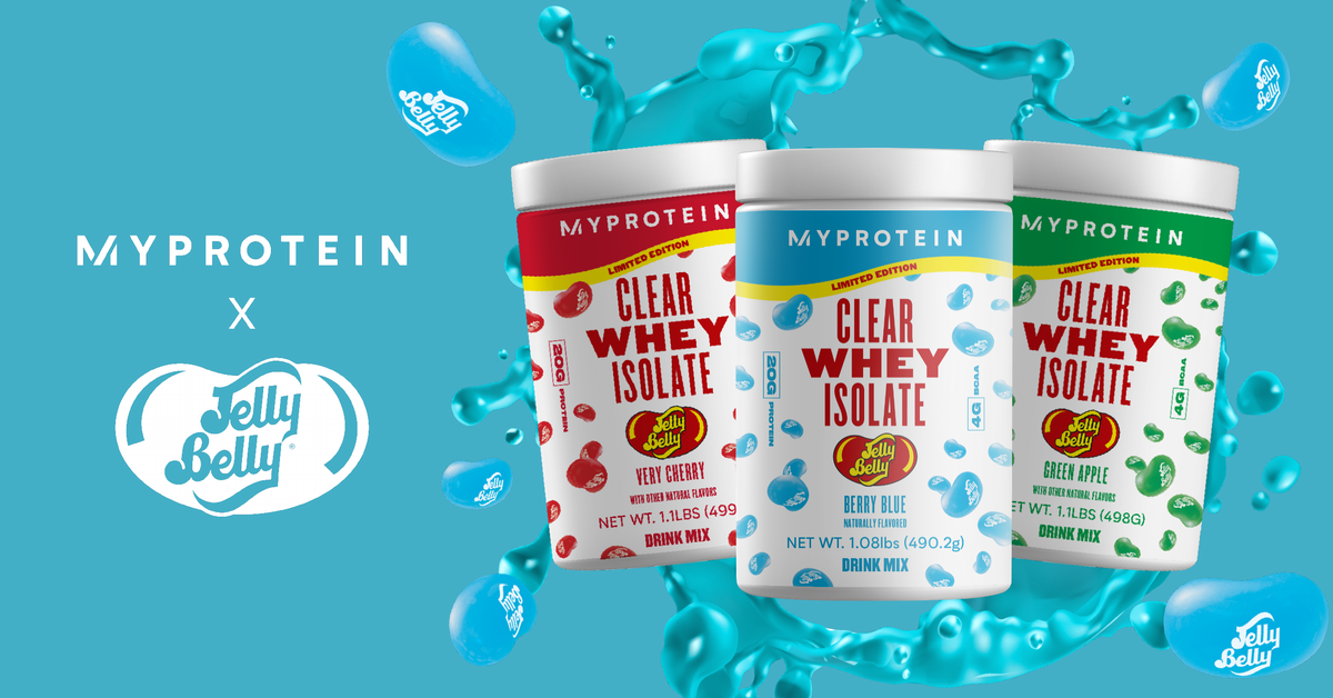 The new Clear Whey Isolate Jelly Belly flavor protein tub in Very Cherry, Green Apple, and Berry Blue.