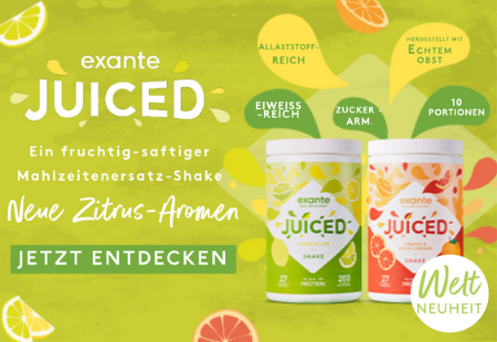 exante JUICED ' A fruity meal replacement shake with clear whey protein' New citrus flavours
