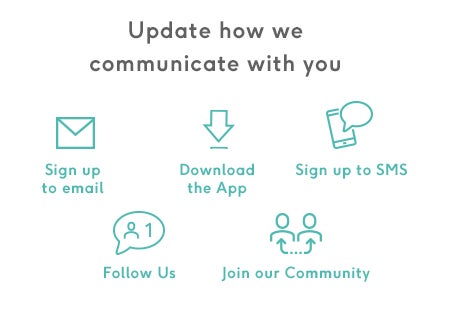 Update how we communicate with you 1). Sign up email 2). Download the app 3). Sign Up to SMS 4). Follow Us 5). Join our Community