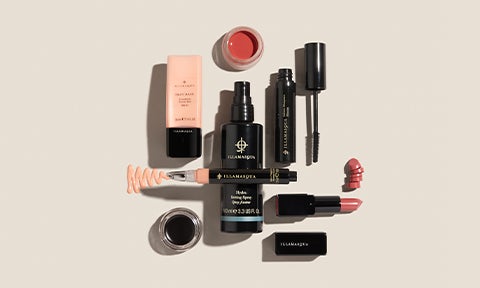 Hydra Setting Spray - Dewy, Skin Base Foundation, Precision Gel Liner, Skin Base Concealer Pen, Colour Veil, Infinite Mascara and Antimatter Lipstick on nude background