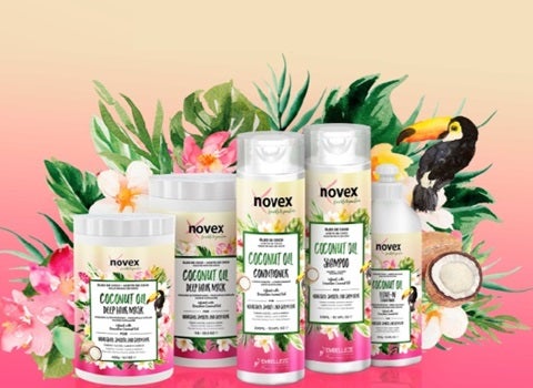 Produtos Novex em fundo rosa