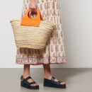 Hereu Women's Cabas Straw Tote Bag with Leather Strap - Orange