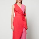 Never Fully Dressed Colour-Blocked Linen-Blend Wrap Midi Dress - S