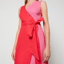 Never Fully Dressed Colour-Blocked Linen-Blend Wrap Midi Dress - S