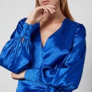 Never Fully Dressed Blue Jacquard Wrap Satin Midi Dress - S