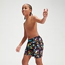 Bañador tipo bermuda de 38 cm con impresión digital para niño, negro/azul