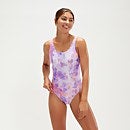 Bedruckter Badeanzug mit tiefem U-Rückenausschnitt und Logo für Damen Flieder/Koralle