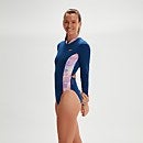 Women's Long Sleeve Panel Swimsuit Blue/Coral