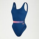 Women's Belted Deep U-Back Swimsuit Blue/Coral