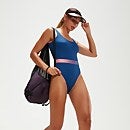 Bañador con espalda escotada en U y cinturón para mujer, azul/coral