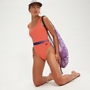 Badeanzug mit tiefem U-Rückenausschnitt mit Gürtel für Damen Koralle/Flieder