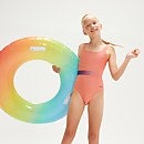 Badeanzug mit Kontrastgürtel für Mädchen Koralle/Flieder