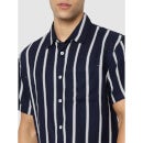 Navy Blue Classic Regular Fit Striped Casual Shirt (CATWILL1)