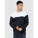 Navy Blue and White Colourblocked Cotton Pullover Sweater (CESQUARE)