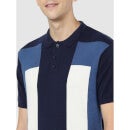 Navy Blue Colourblocked Polo Collar T-shirt (CEBLOCK)