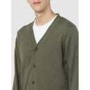 Olive Green White Cotton Cardigan Sweater (CEBAPI)