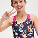 Bañador Splashback con estampado integral para niña, negro/rosa