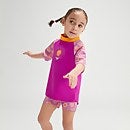 Conjunto con camiseta de neopreno de manga corta con impresión digital para niña pequeña, morado/amarillo