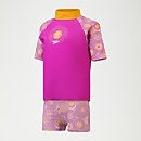 Conjunto con camiseta de neopreno de manga corta con impresión digital para niña pequeña, morado/amarillo