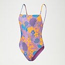 Bañador estampado con tirantes finos regulables para mujer, violeta/mango
