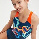 Digital Placement Splashback-Badeanzug für Mädchen Marineblau/Orange