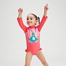 Langärmliger Digital-Rüschen-Badeanzug für Mädchen im Kleinkindalter Pink/Koralle