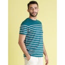 Dark Green Round Neck Striped Cotton T-shirt (BEBASER)