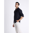 Black Classic Spread Collar Linen Casual Shirt (DATALIN)