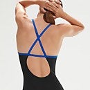 Bañador de entrenamiento estampado con espalda cruzada fija para mujer, negro/azul
