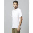 White Classic Spread Collar Short Sleeves Linen Casual Shirt (DAMARLIN)
