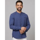 Blue Straight Mandarin Collar Cotton Casual Shirt (CACHASE)