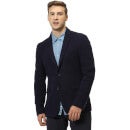 Navy Blue Self-Design Slim Fit Casual Pure Cotton Blazer (PUWAFFLE)
