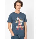 Blue Printed Round Neck Pure Cotton T-shirt (REGRAPHI)