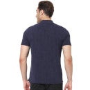 Navy Blue Tropical Printed Polo Collar Cotton Pure Cotton T-shirt (VEPALMITO)