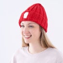 Red Embroidered Chunky Rib Knit Beanie Hat