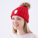 Red Embroidered Chunky Rib Knit Beanie Hat