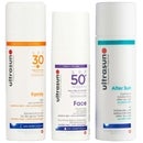 Ultrasun Trio: Family SPF30 150ml, Anti-Ageing Sun Protection For Sensitive Skin SPF50+ 50ml & Aftersun Gel 150ml