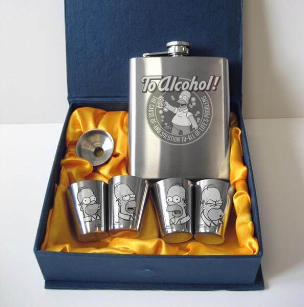 Simpsons Steel Hip Flask And Shot Glass Set
