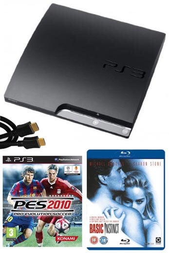 Playstation 3 PS3 Slim 120GB Console: Bundle (Including Pro Evolution Soccer 2010, 2M HDMI Cable & Basic Instinct Blu-Ray)