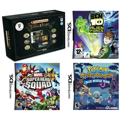 Nintendo DS Lite Black: Bundle (including Professor Layton, Ben 10 Alien Force, Marvel: Super Hero Squad & Pokémon Mystery Dungeon Blue)
