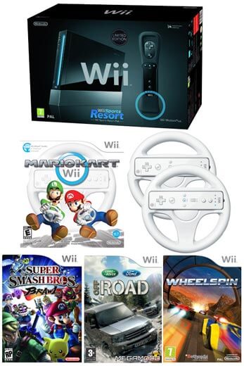 Nintendo Wii Black Console: Bundle (Including Wii Sports Resort, Off Road, Wheelspin, Super Smash Bros Brawl, Mario Kart & 2 Wheels)