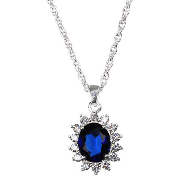 Silver Plated Pendant Necklace with Sapphire Effect Centre - in the style of Kate Middleton