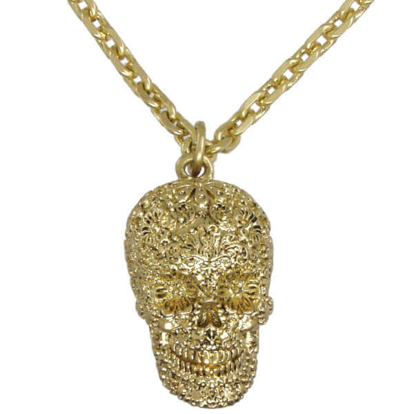 Disney Couture Pirates Gold Plated Flower Embossed Skull Necklace -Gold