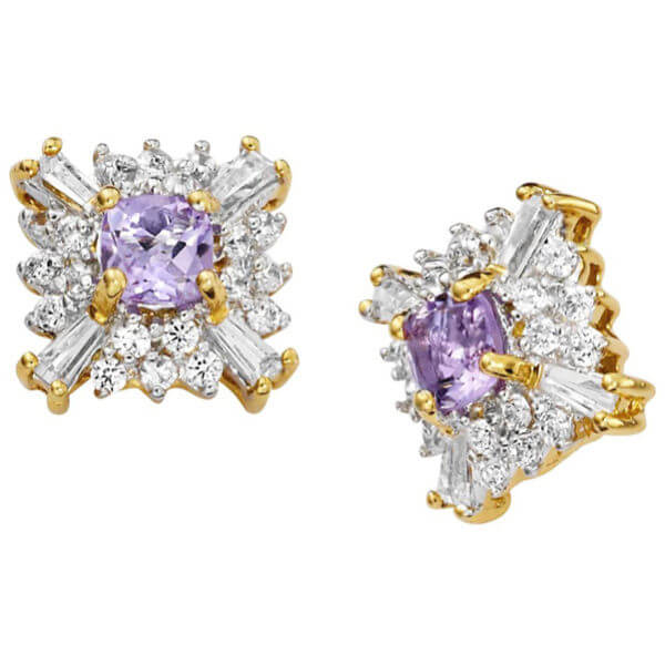 Two Toned Gold Plated Amethyst And Diamond Style Square Earrings