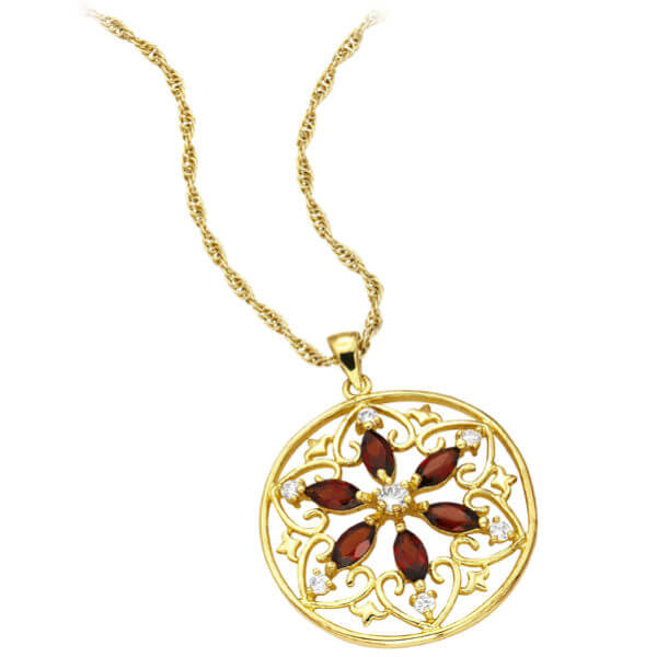 Gold Plated Circle Filigree Design Garnet Pendant